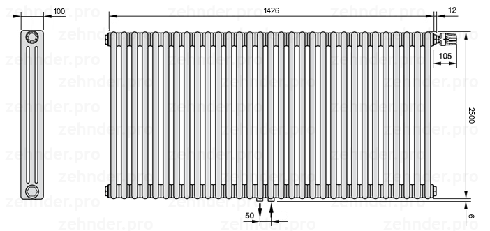 Схема (чертеж) Радиатор Zehnder Charleston 3250/31 №V008 Белый глянцевый RAL 9016